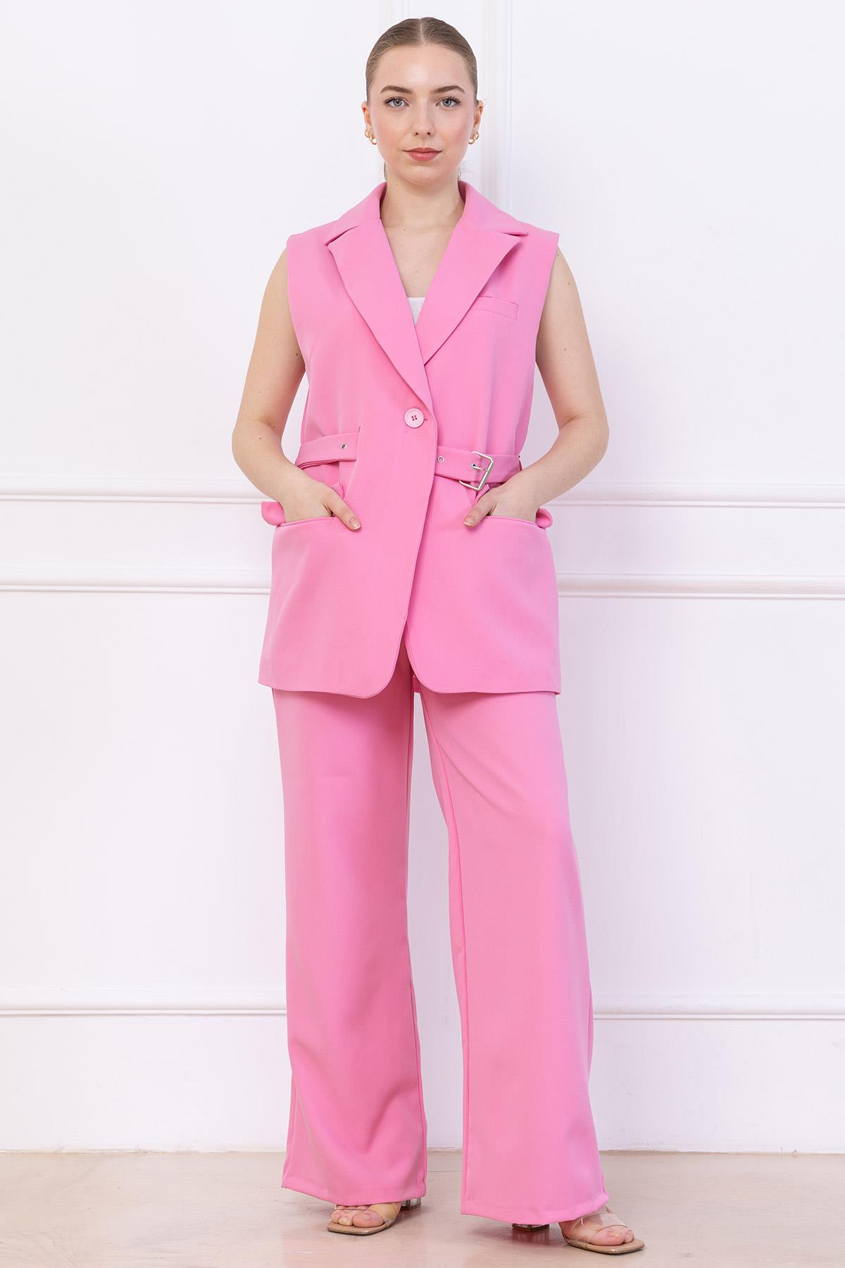 Kemerli Yelekli Takım Pembe SS2749