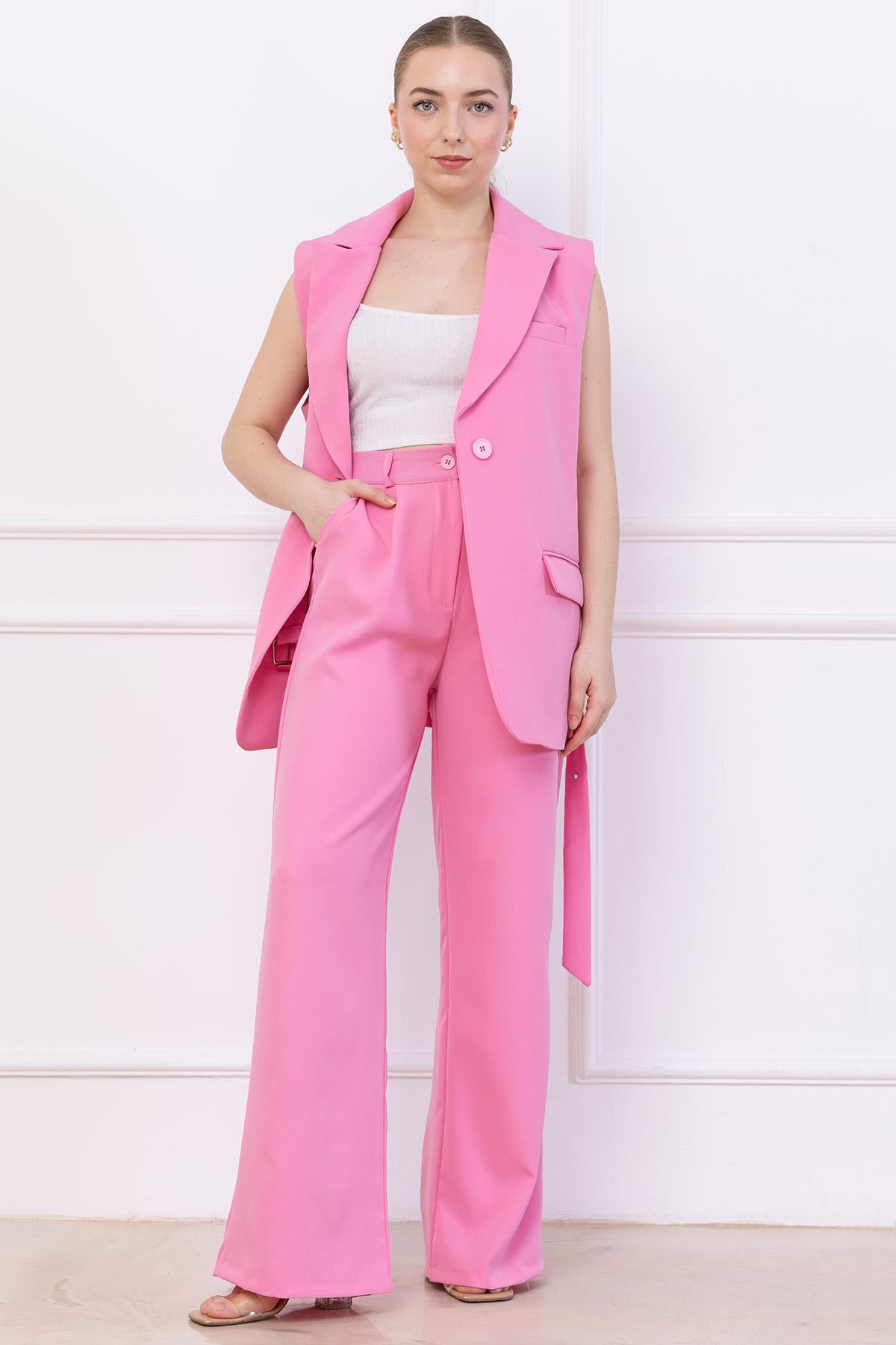 Kemerli Yelekli Takım Pembe SS2749