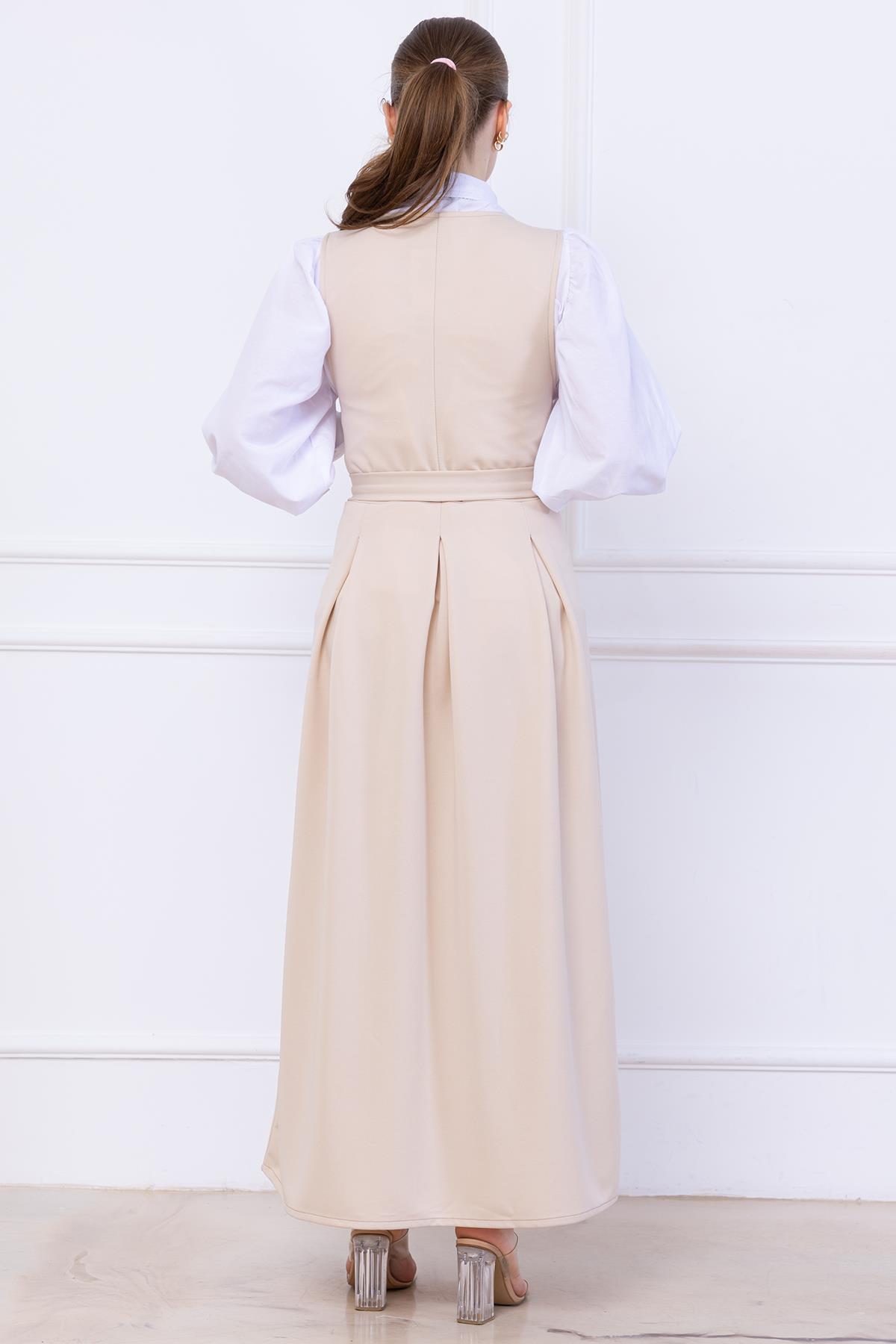 Kuşaklı Pileli Jile Elbise Bej SS2736