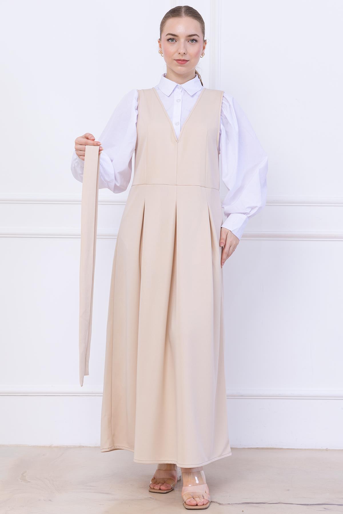 Kuşaklı Pileli Jile Elbise Bej SS2736