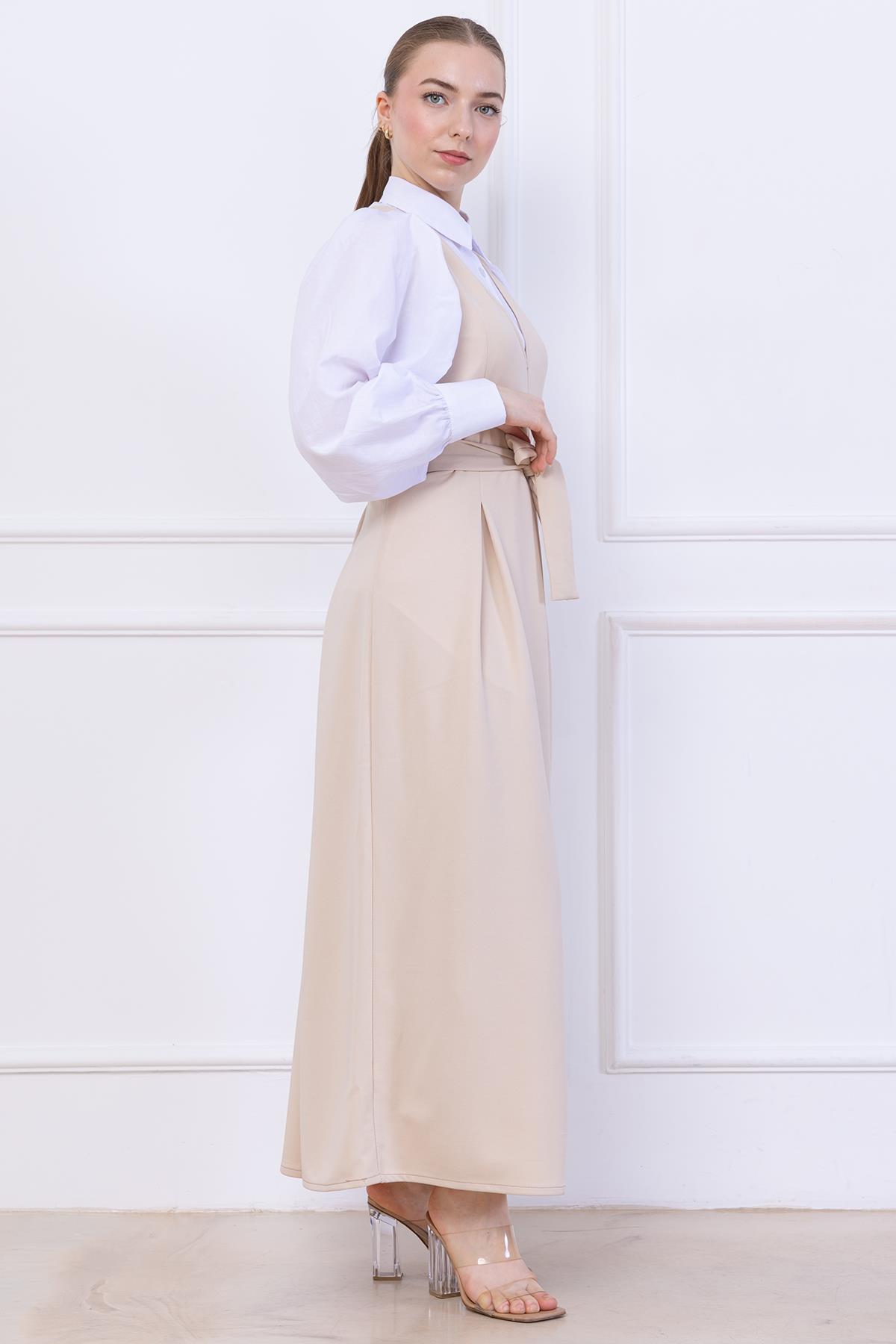 Kuşaklı Pileli Jile Elbise Bej SS2736