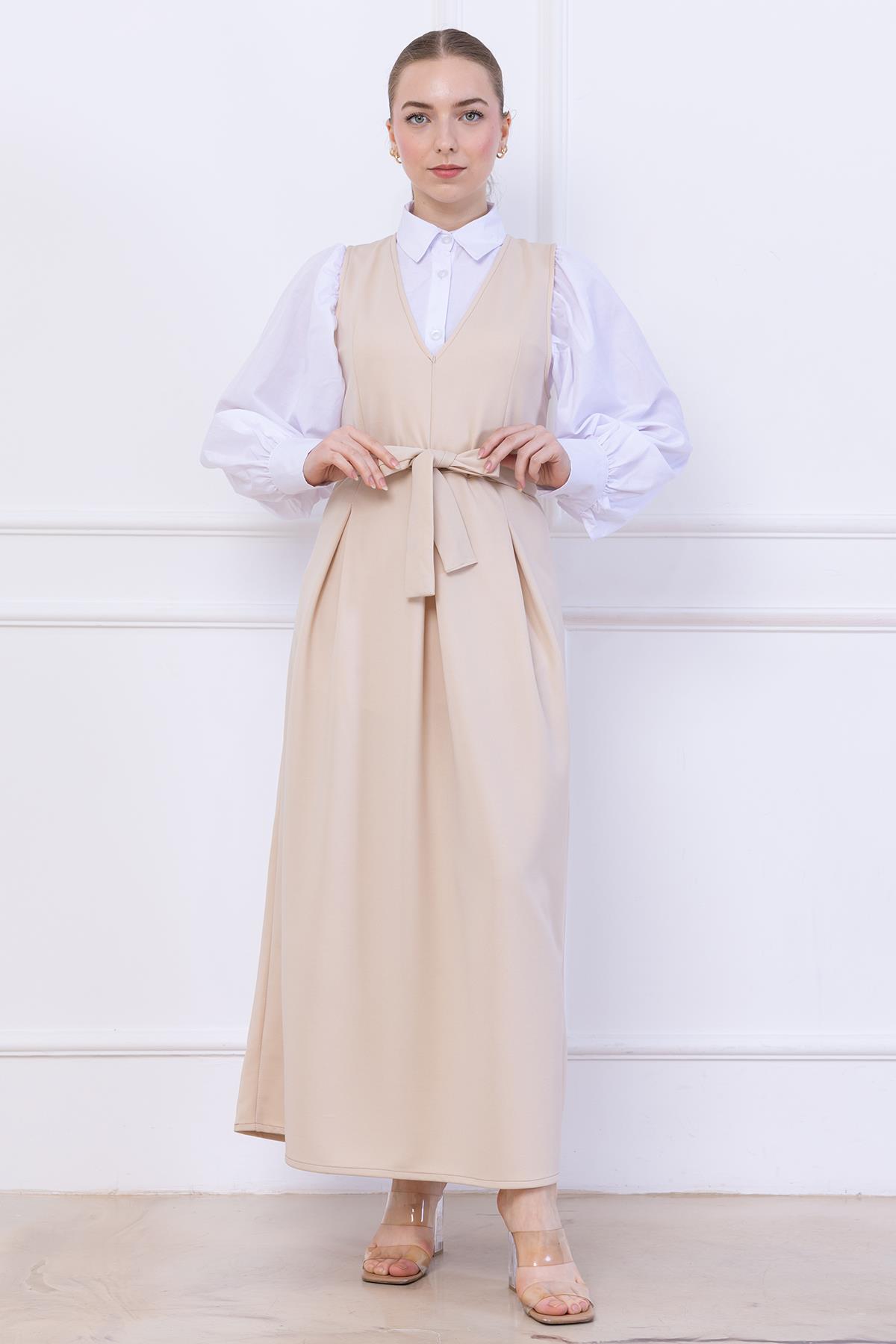 Kuşaklı Pileli Jile Elbise Bej SS2736