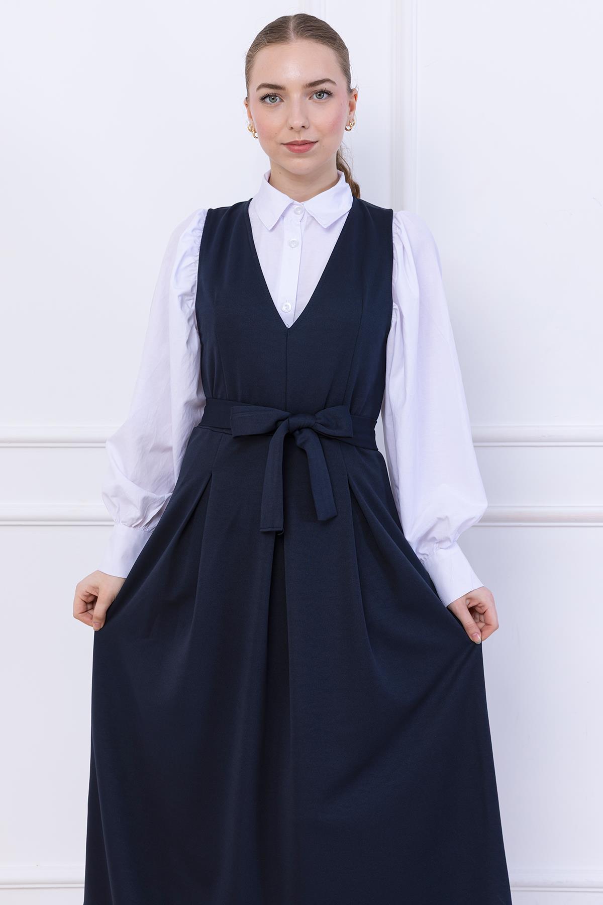 Kuşaklı Pileli Jile Elbise Lacivert SS2736