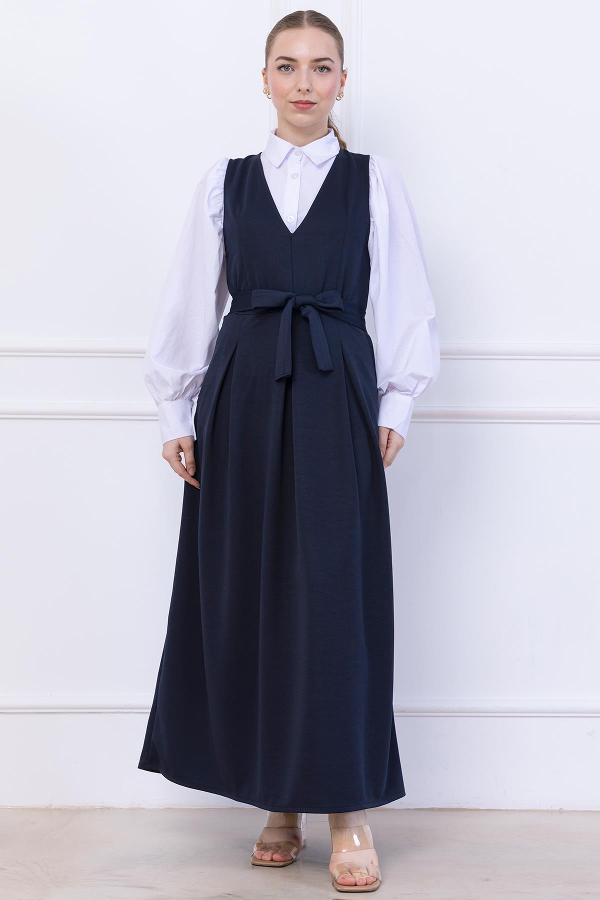 Kuşaklı Pileli Jile Elbise Lacivert SS2736