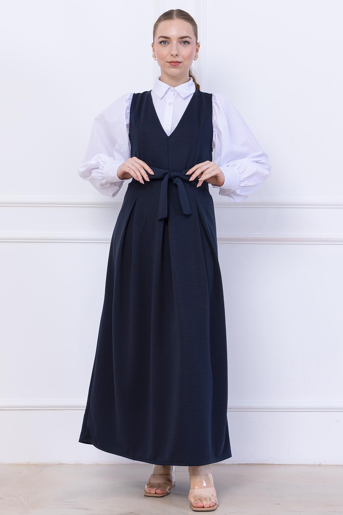Kuşaklı Pileli Jile Elbise Lacivert SS2736