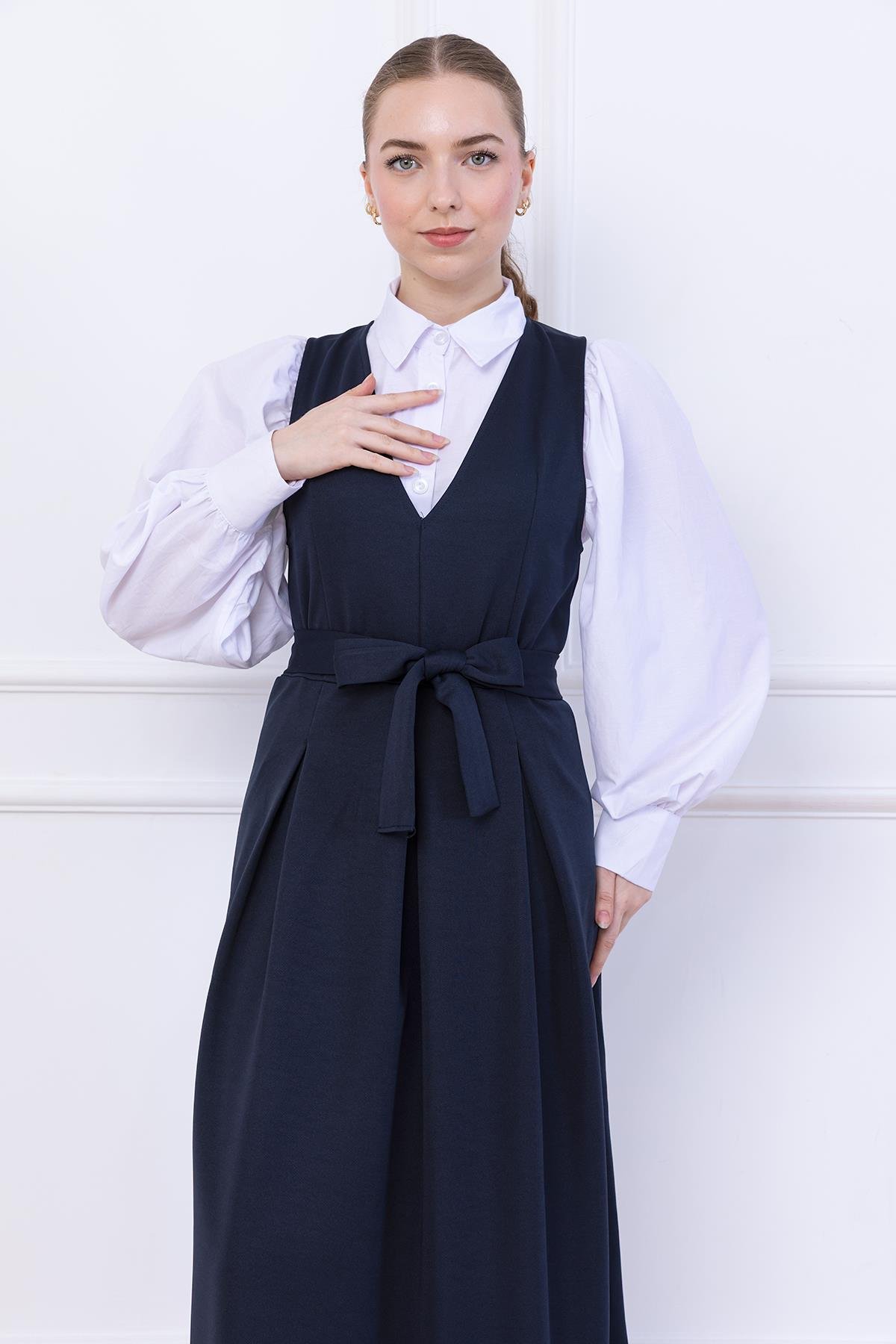Kuşaklı Pileli Jile Elbise Lacivert SS2736