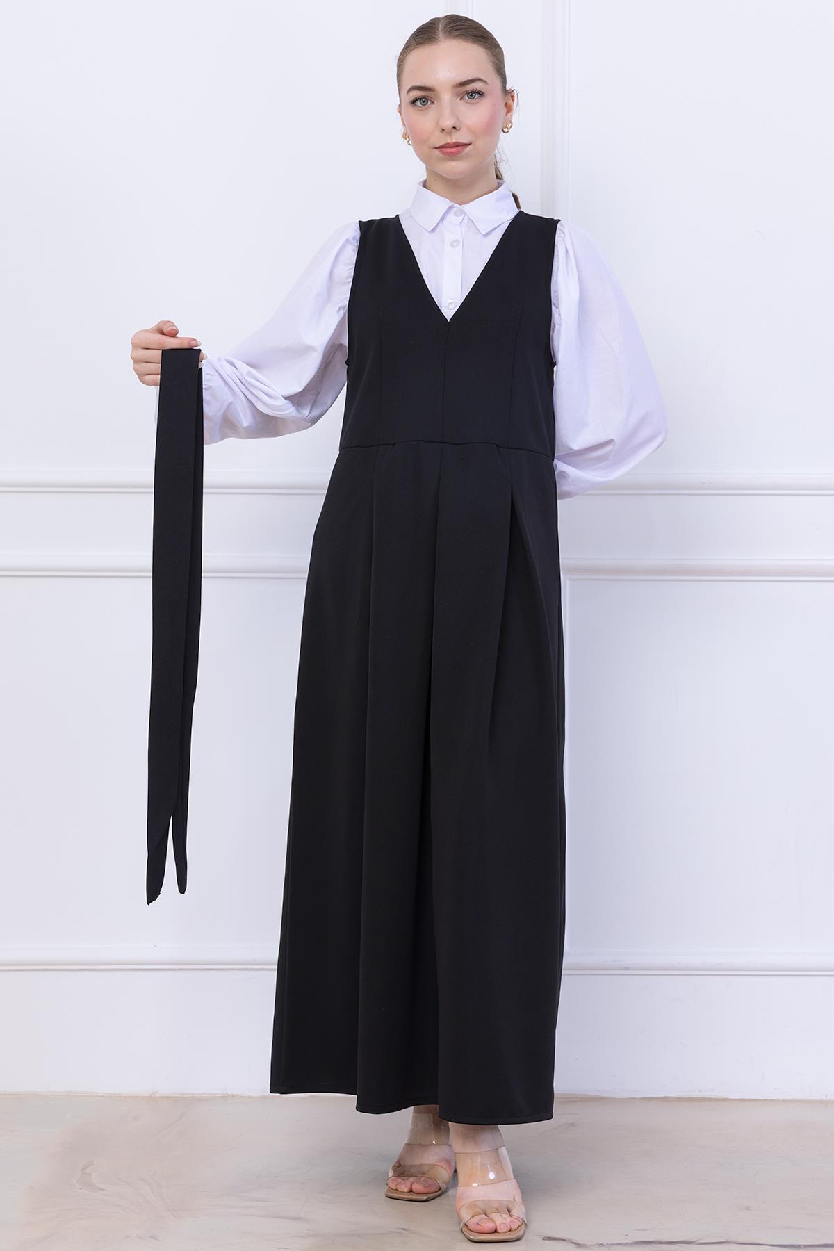 Kuşaklı Pileli Jile Elbise Siyah SS2736