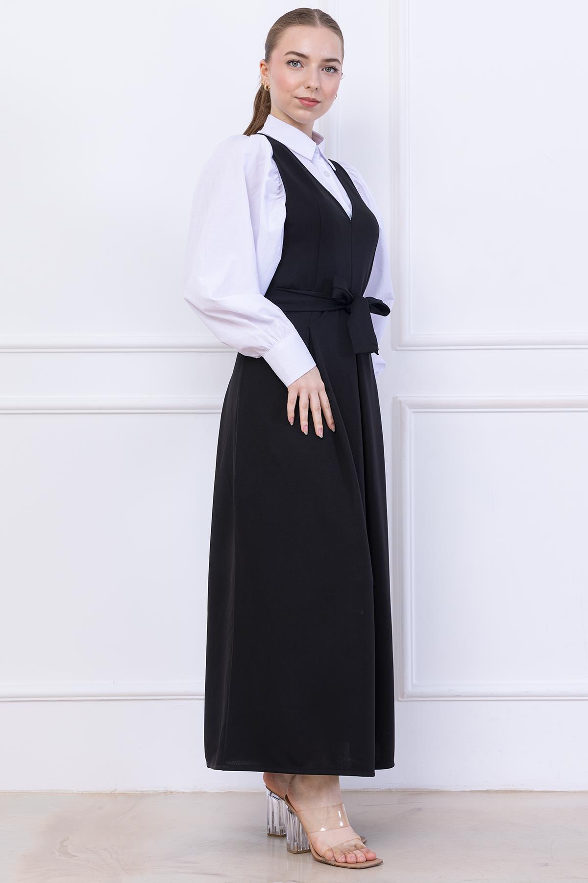 Kuşaklı Pileli Jile Elbise Siyah SS2736