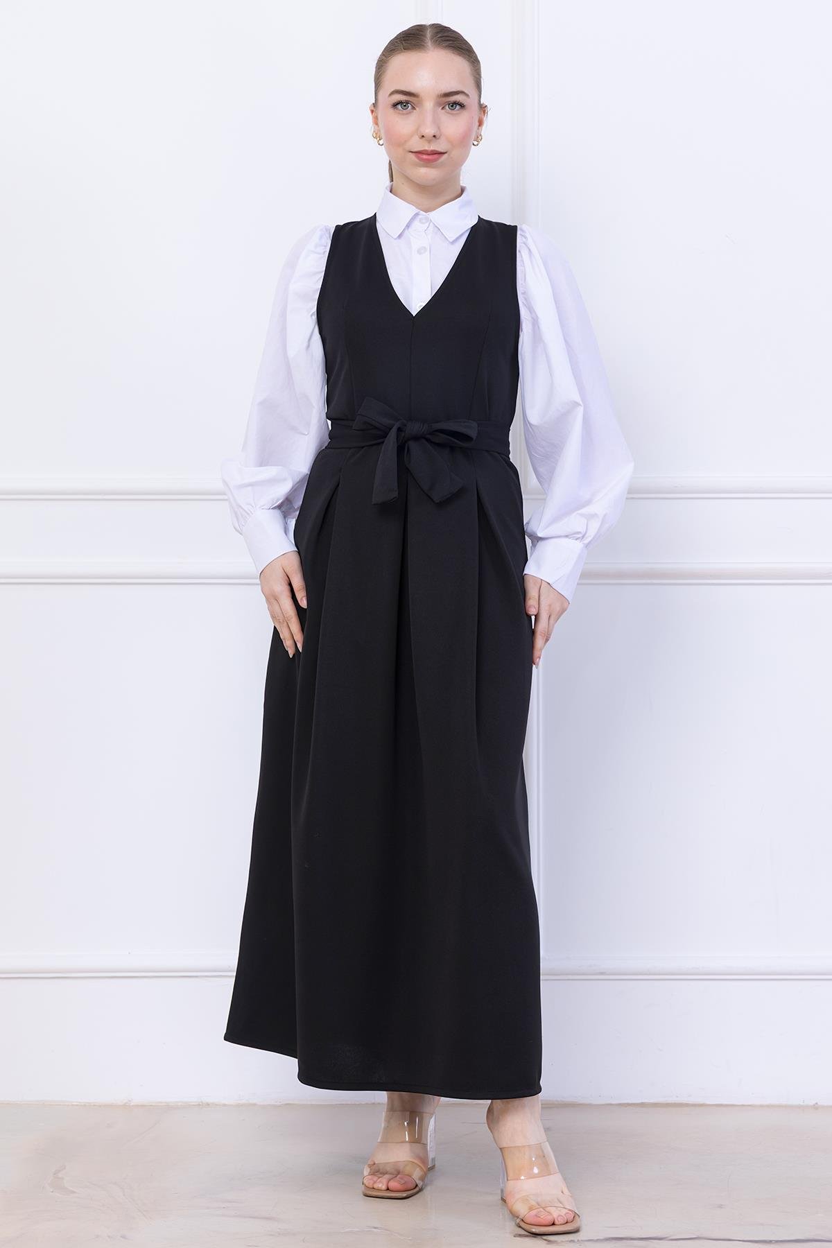 Kuşaklı Pileli Jile Elbise Siyah SS2736