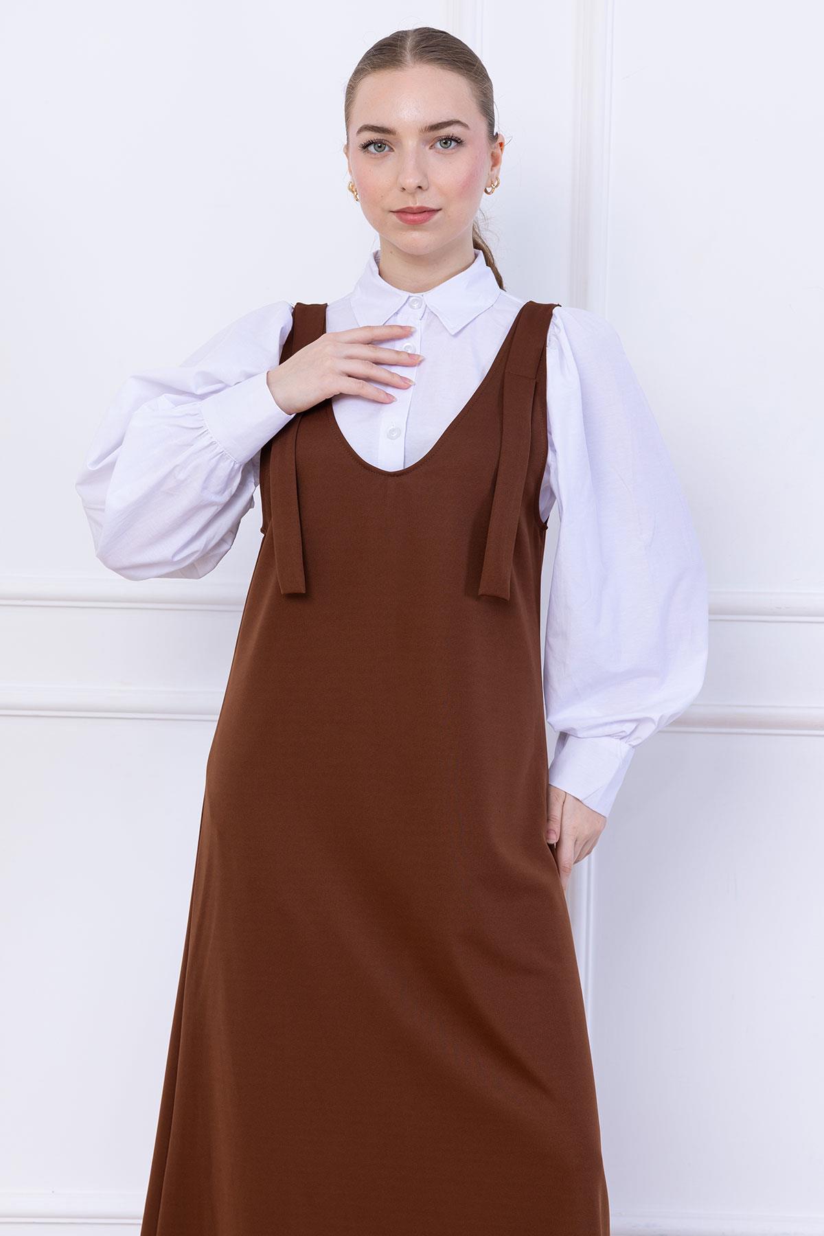 Omuzları Bağlamalı Örme Jile Elbise Kahverengi SS2389