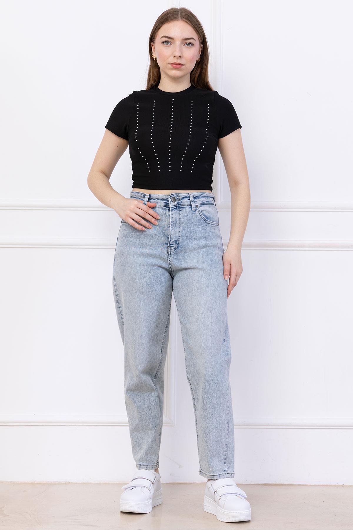 Taş Baskılı Crop Siyah SS2744