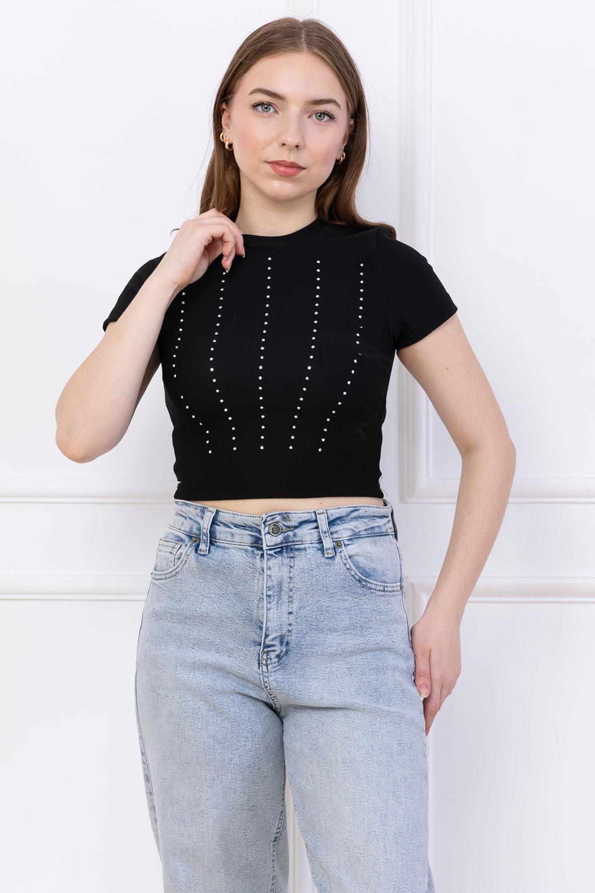 Taş Baskılı Crop Siyah SS2744