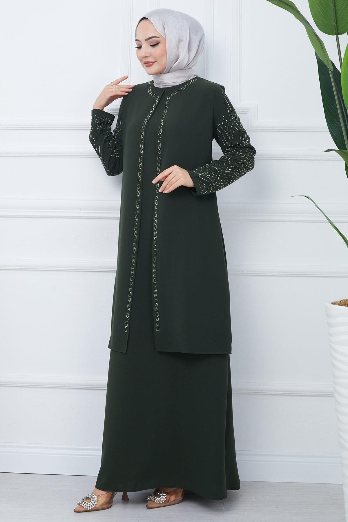 Taşlı Büyük Beden Anne Elbisesi Haki SS2349