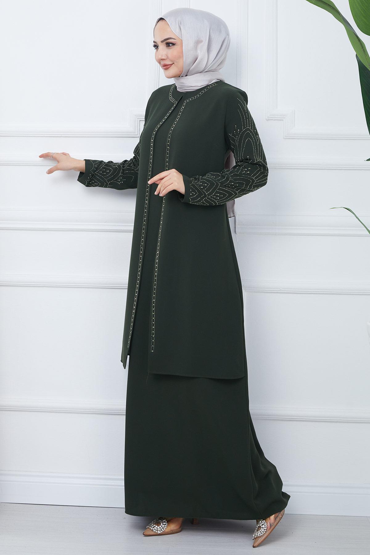 Taşlı Büyük Beden Anne Elbisesi Haki SS2349