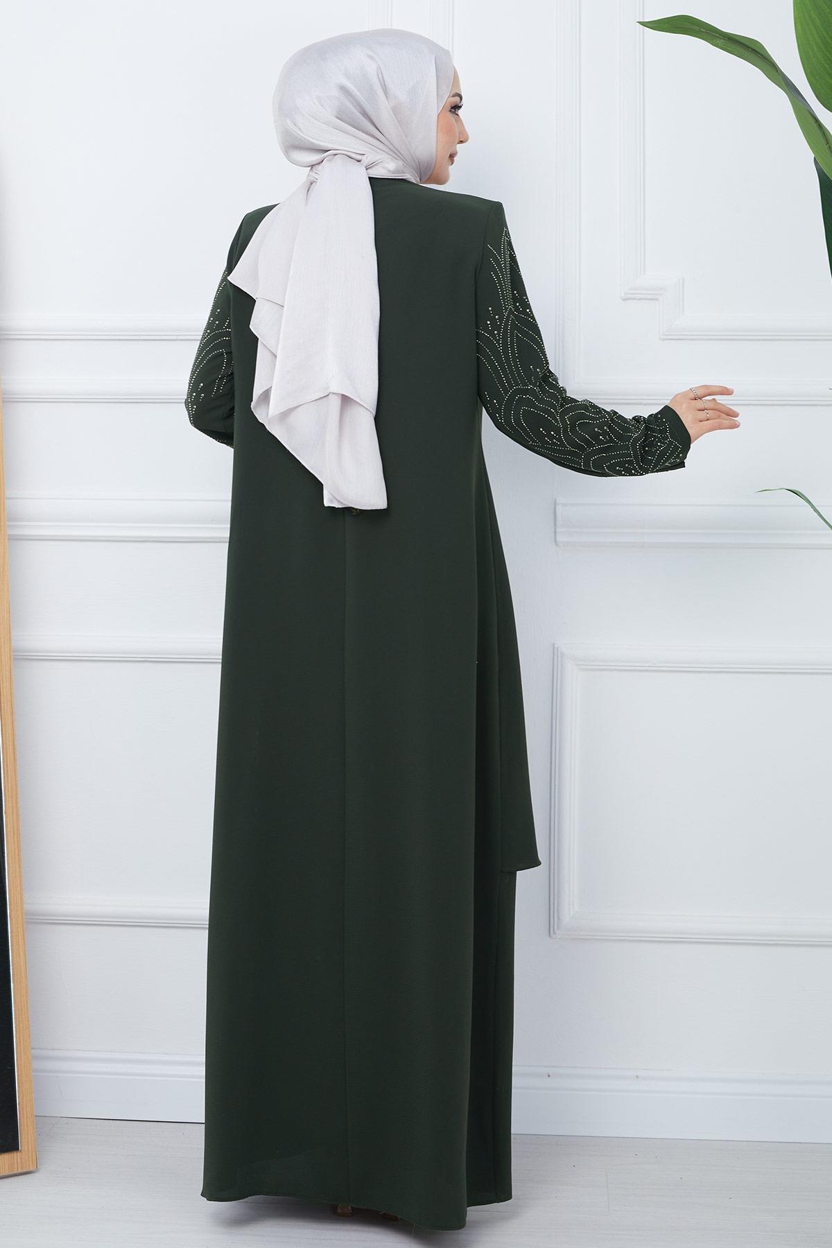 Taşlı Büyük Beden Anne Elbisesi Haki SS2349