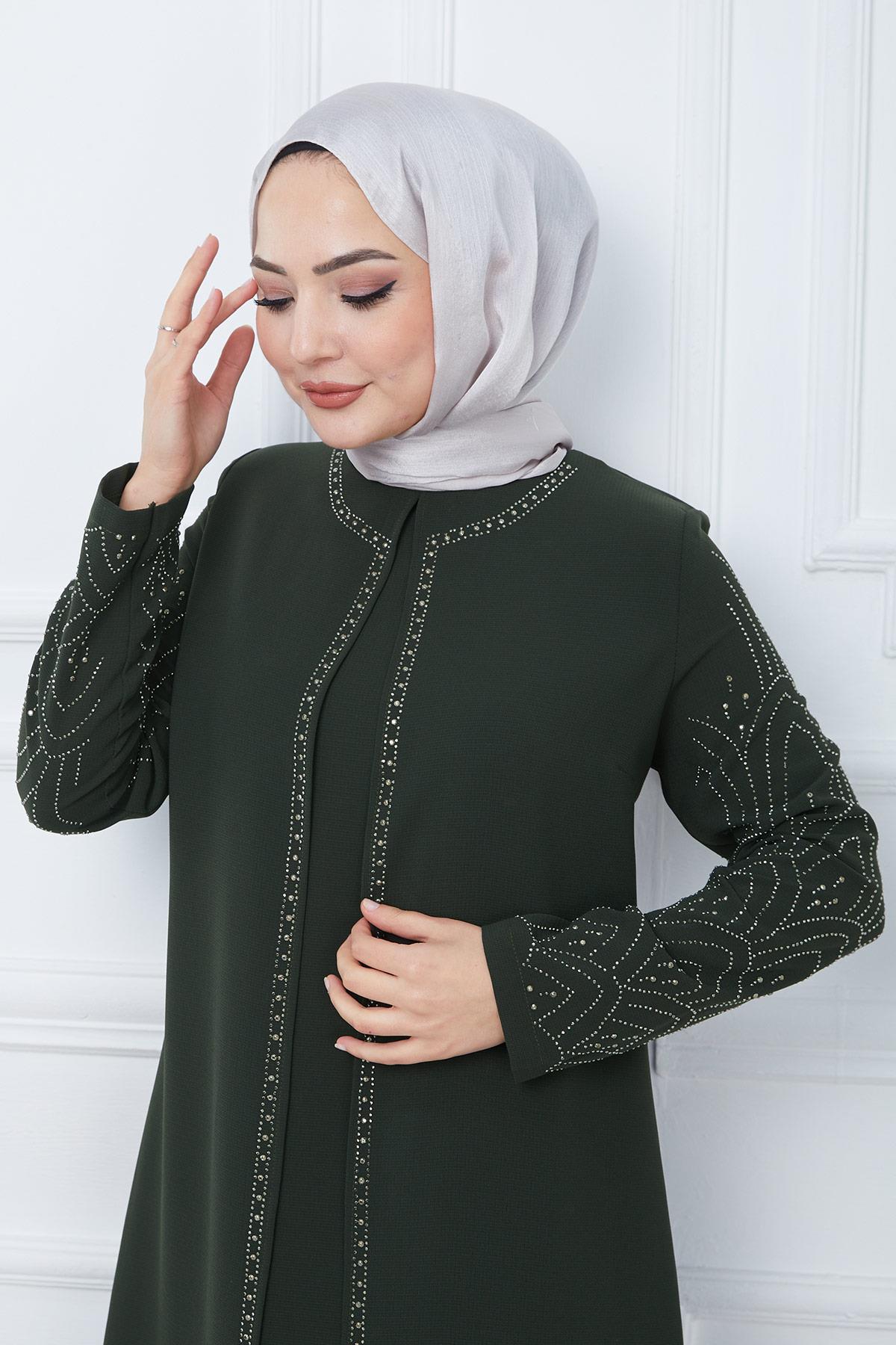 Taşlı Büyük Beden Anne Elbisesi Haki SS2349