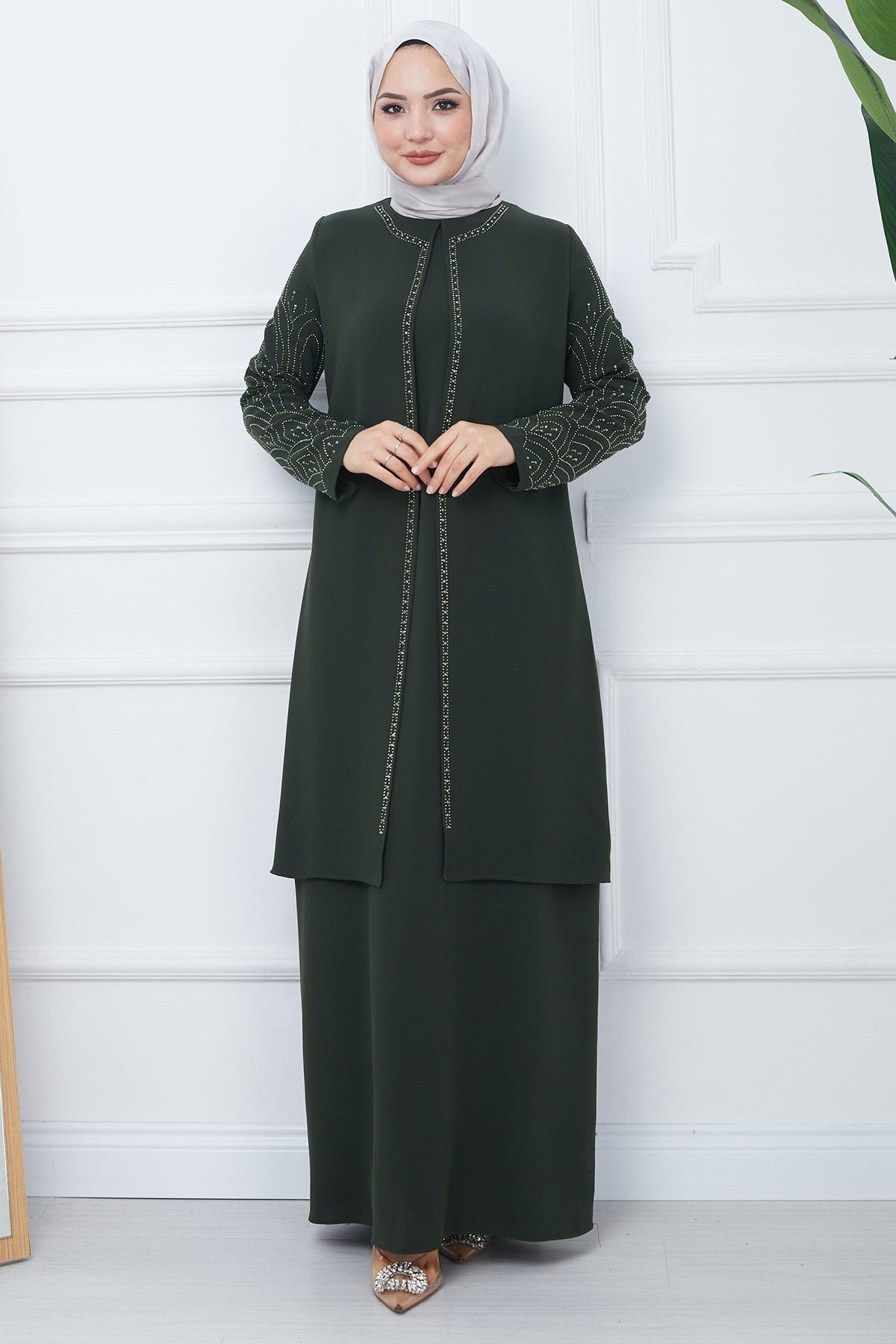 Taşlı Büyük Beden Anne Elbisesi Haki SS2349