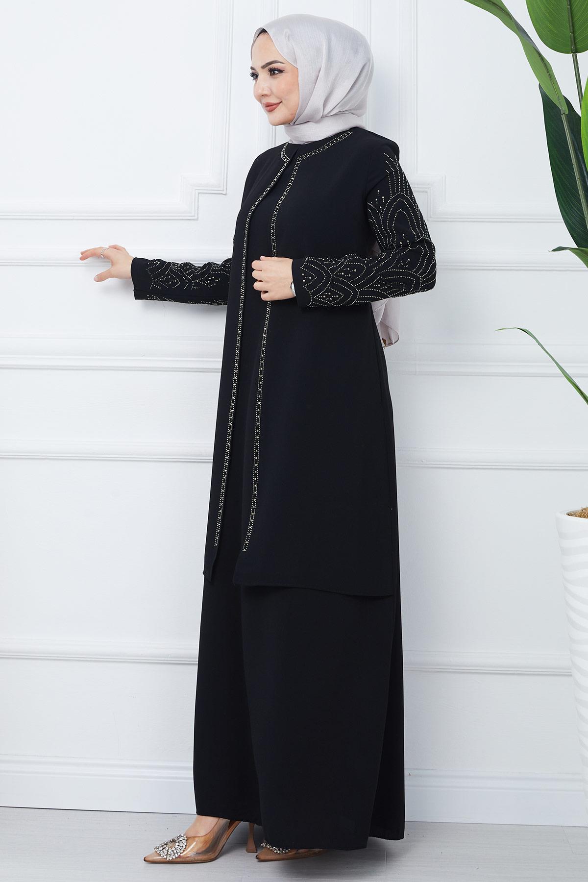 Taşlı Büyük Beden Anne Elbisesi Siyah SS2349