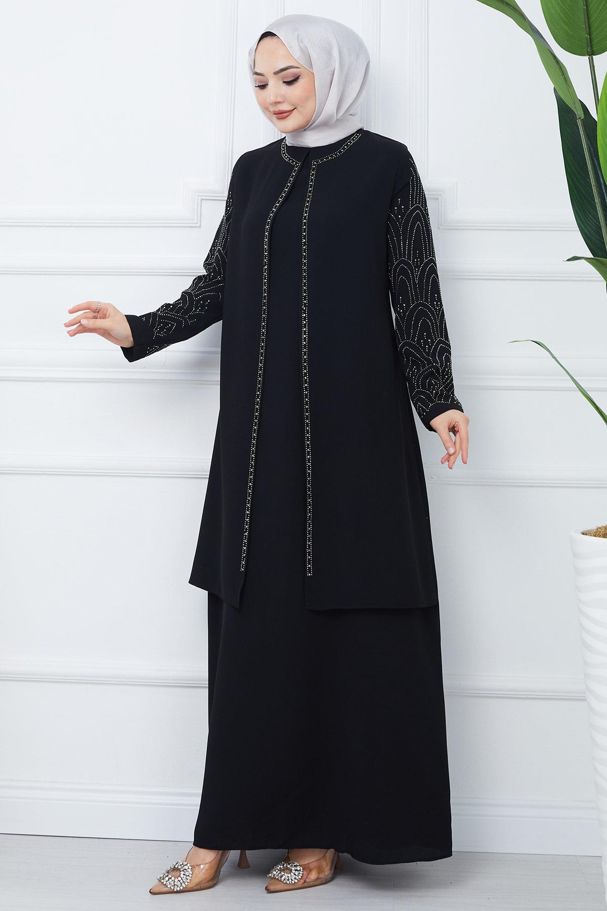 Taşlı Büyük Beden Anne Elbisesi Siyah SS2349