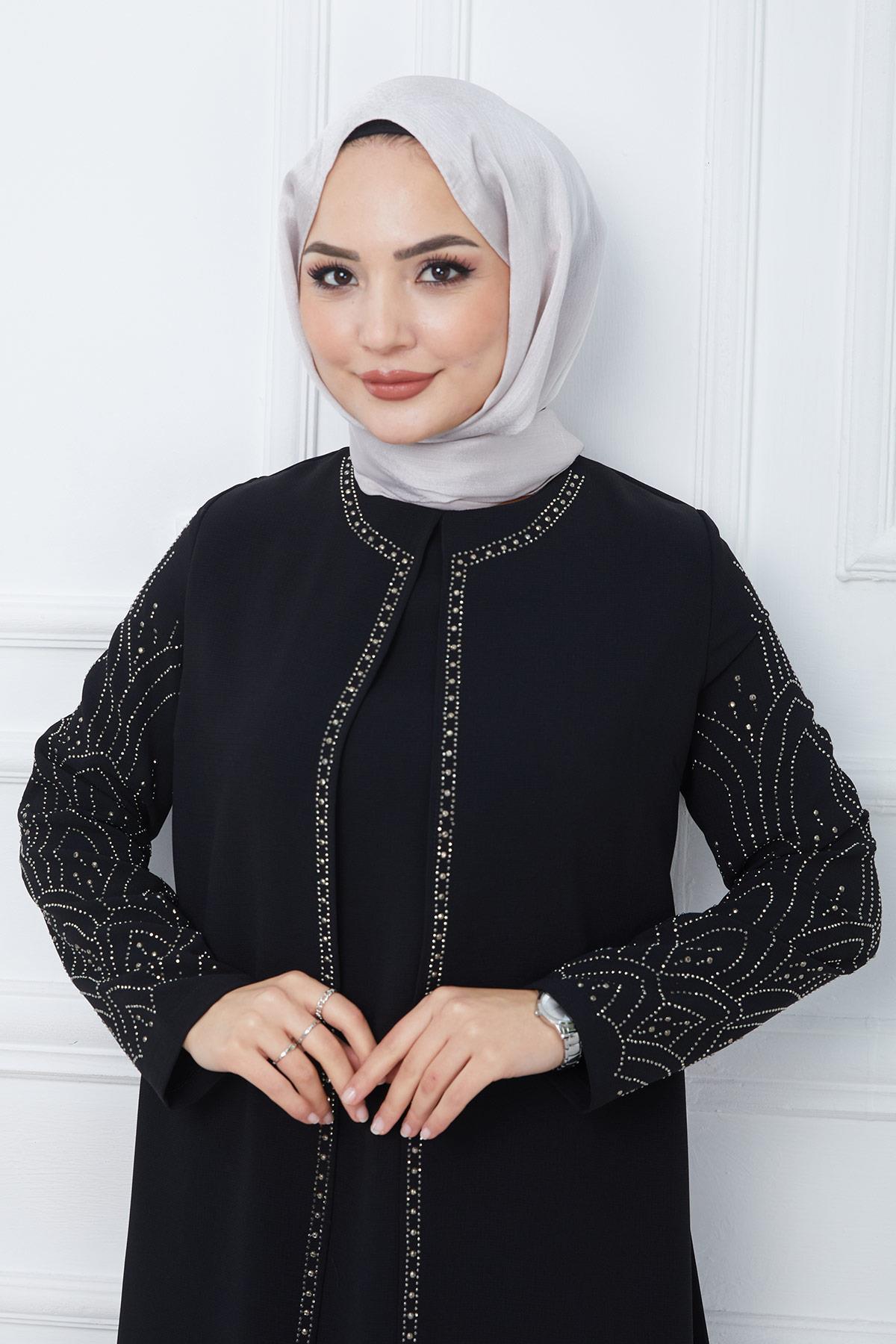 Taşlı Büyük Beden Anne Elbisesi Siyah SS2349