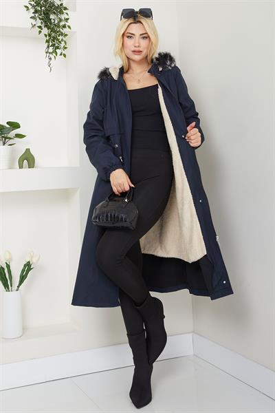 Allerli İçi Kürklü Mont Lacivert SS2330
