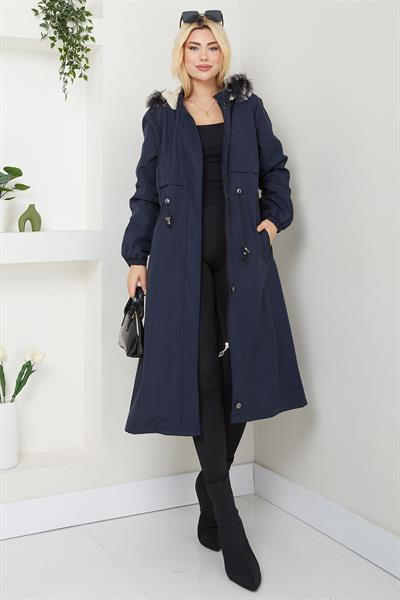 Allerli İçi Kürklü Mont Lacivert SS2330