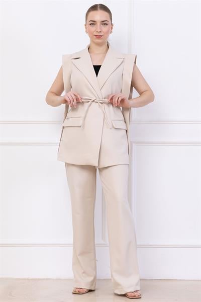 Bağlamalı Yelekli Takım Bej SS2750