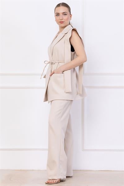 Bağlamalı Yelekli Takım Bej SS2750