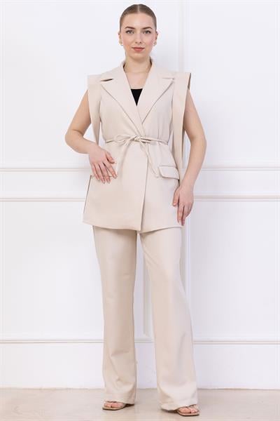 Bağlamalı Yelekli Takım Bej SS2750