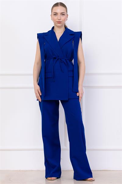 Bağlamalı Yelekli Takım Saks Mavisi SS2750