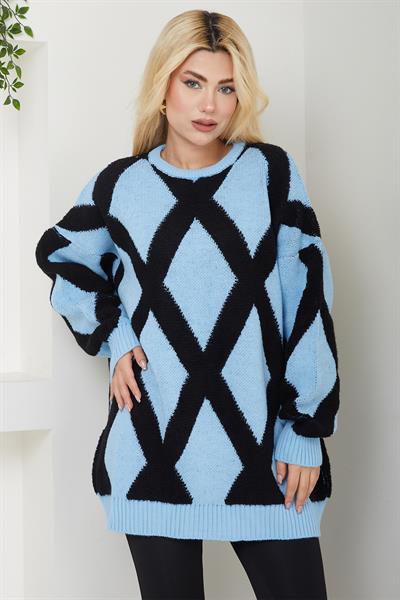 Baklava Desenli Triko Kazak SS2614 Mavi