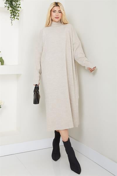 Balıkçı Yaka Triko Elbise SS2619 Taş Rengi