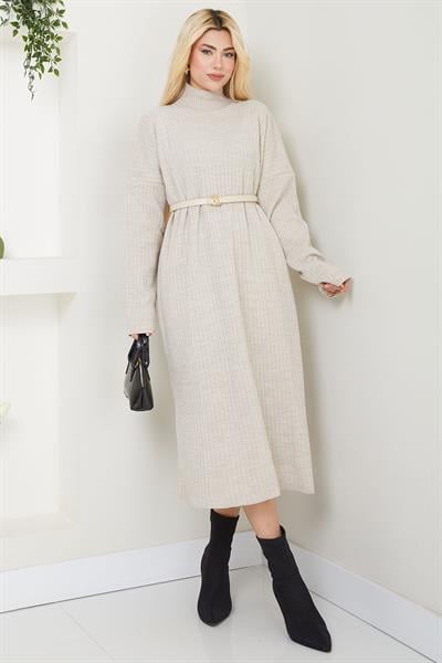 Balıkçı Yaka Triko Elbise SS2619 Taş Rengi
