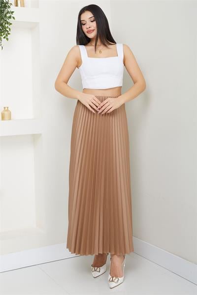Beli Lastikli Deri Görünümlü Piliseli Etek Camel SS2655