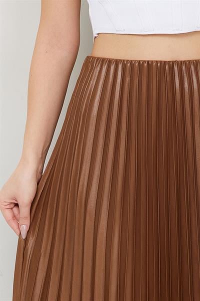 Beli Lastikli Deri Görünümlü Piliseli Etek Taba SS2655