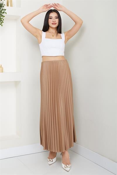 Beli Lastikli Deri Görünümlü Piliseli Etek Camel SS2655
