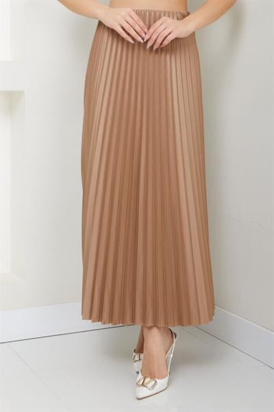 Beli Lastikli Deri Görünümlü Piliseli Etek Camel SS2655