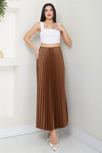 Beli Lastikli Deri Görünümlü Piliseli Etek Taba SS2655