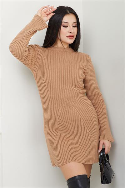Bisiklet Yaka Mini Triko Elbise Camel SS2633