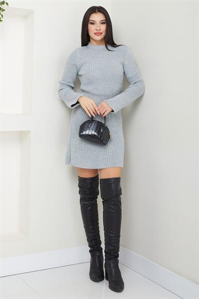Bisiklet Yaka Mini Triko Elbise Gri SS2633