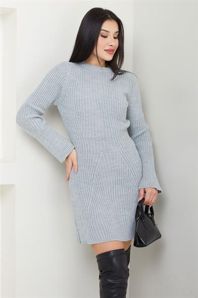 Bisiklet Yaka Mini Triko Elbise Gri SS2633