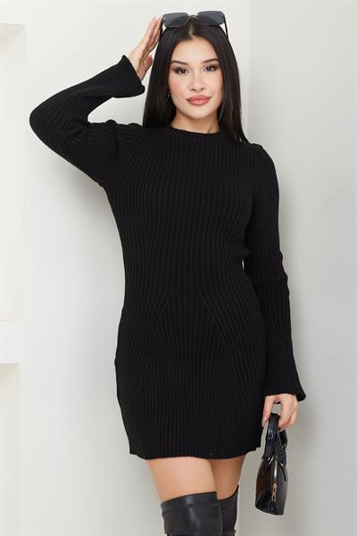 Bisiklet Yaka Mini Triko Elbise Siyah SS2633