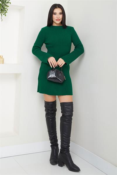 Bisiklet Yaka Mini Triko Elbise Zümrüt SS2633