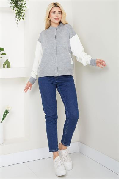Bomber Yaka Çıtçıtlı Triko Hırka SS2615 Gri