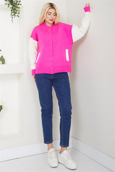 Bomber Yaka Çıtçıtlı Triko Hırka SS2615 Pembe