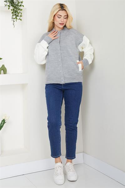 Bomber Yaka Çıtçıtlı Triko Hırka SS2615 Gri