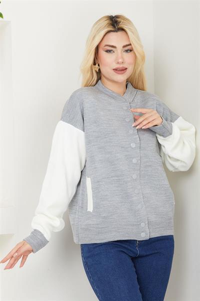 Bomber Yaka Çıtçıtlı Triko Hırka SS2615 Gri