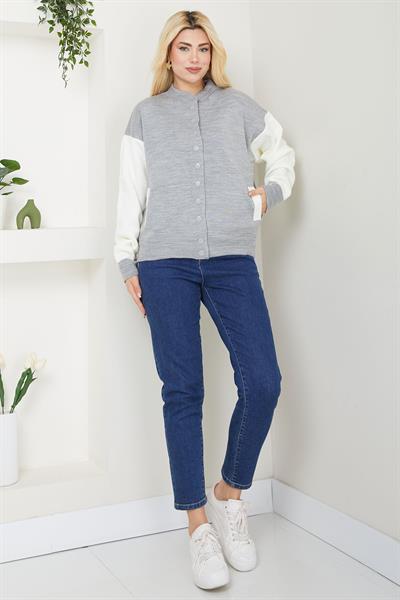 Bomber Yaka Çıtçıtlı Triko Hırka SS2615 Gri