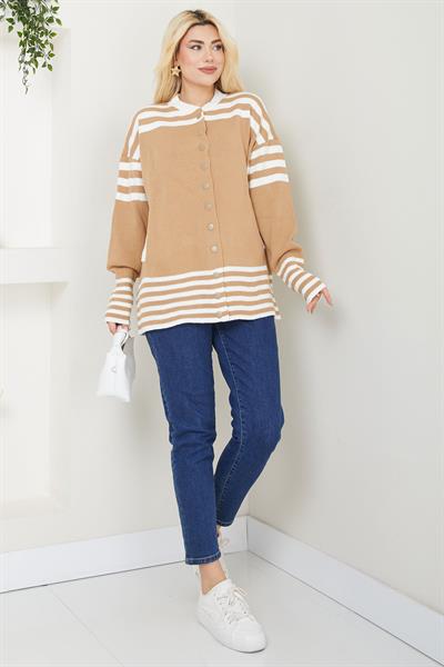 Bomber Yakalı Çizgili Triko Hırka SS2621 Camel