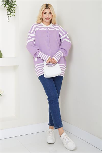 Bomber Yakalı Çizgili Triko Hırka SS2621 Lila